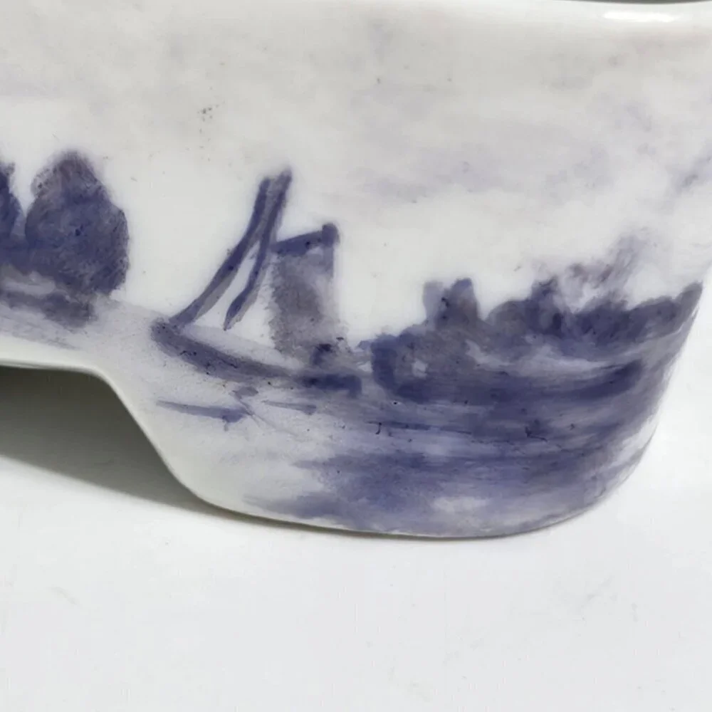 Dutch Ceramic Clog Shoe Figurine Hand Painted Blue & White Windmill